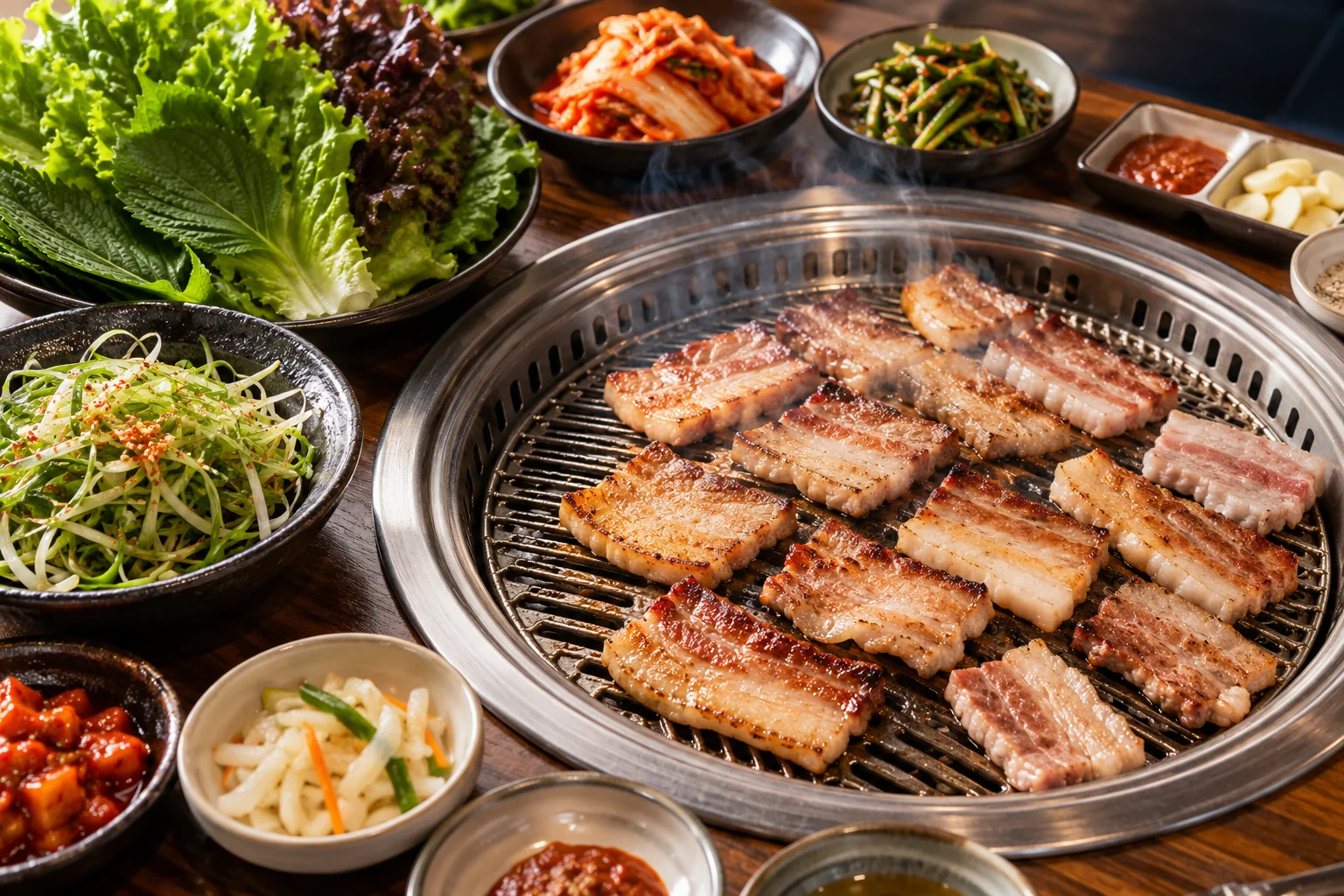 음식점 마케팅을 설명하기 위한 삼겹살 상차림 연출 이미지